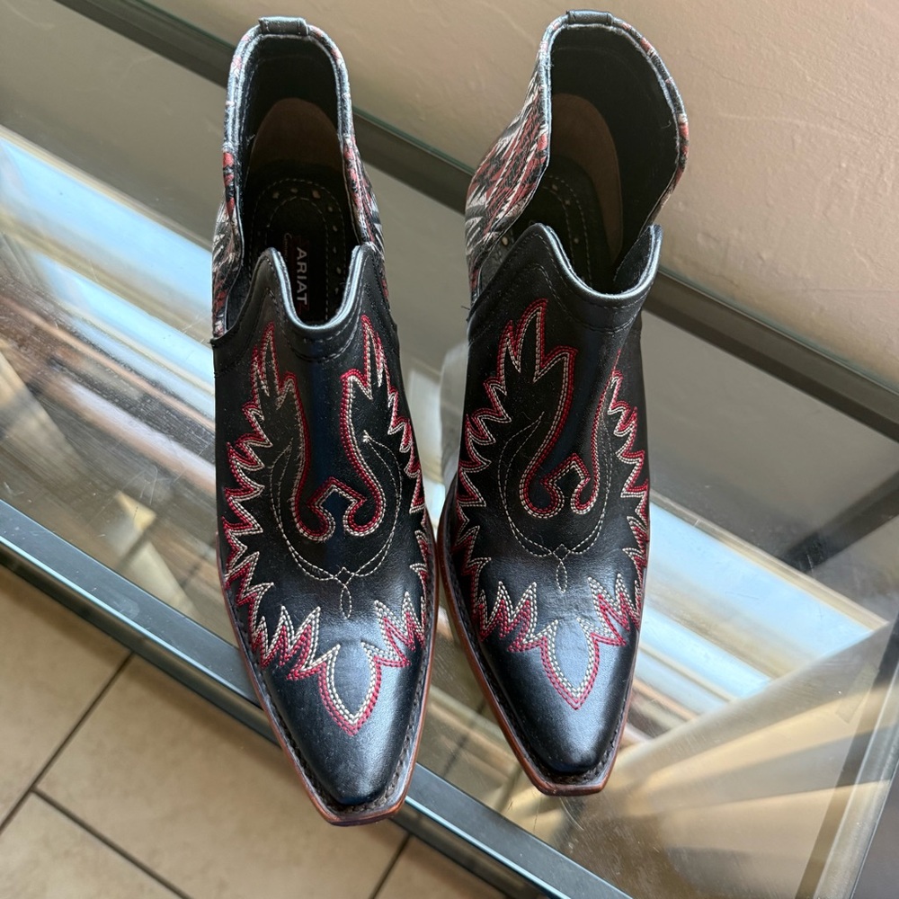 Ariat Black Ankle Booties with Red and Brown Western Stitching - Picture 2 of 11